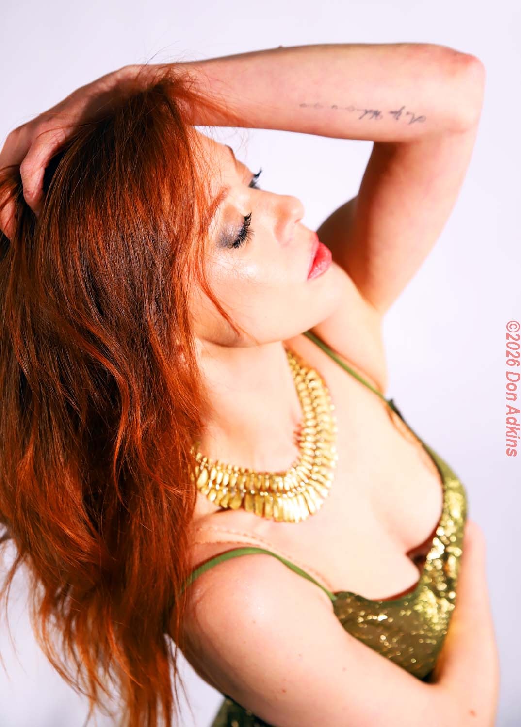 Dani Hagen studio portrait with red hair and gold necklace